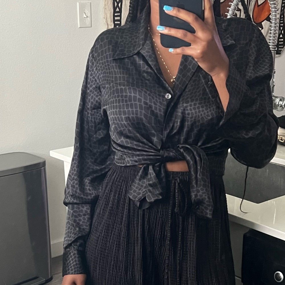 100% Black Silk Button Down Top